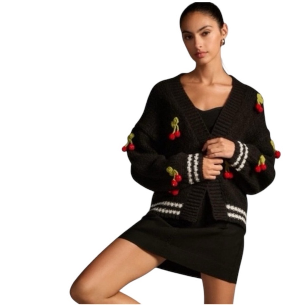 Anthropologie | Maeve – 3D Cherry Cardigan Sweater – Black Red Knit – Sz. OS